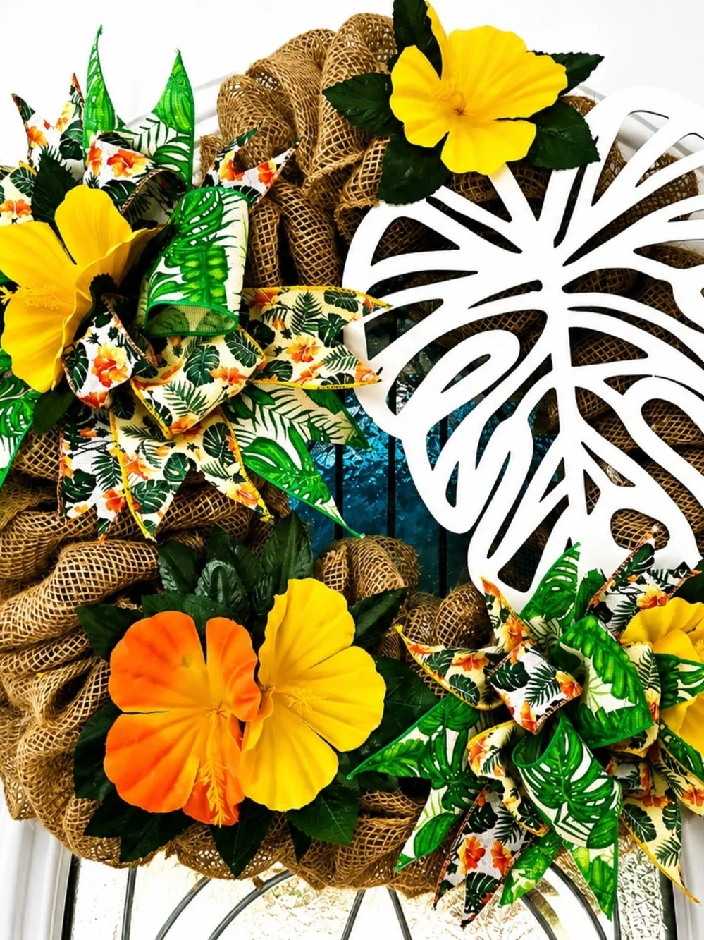 Handmade Tropical Summer Wreath Hibiscus & Monstera Front Door Decor